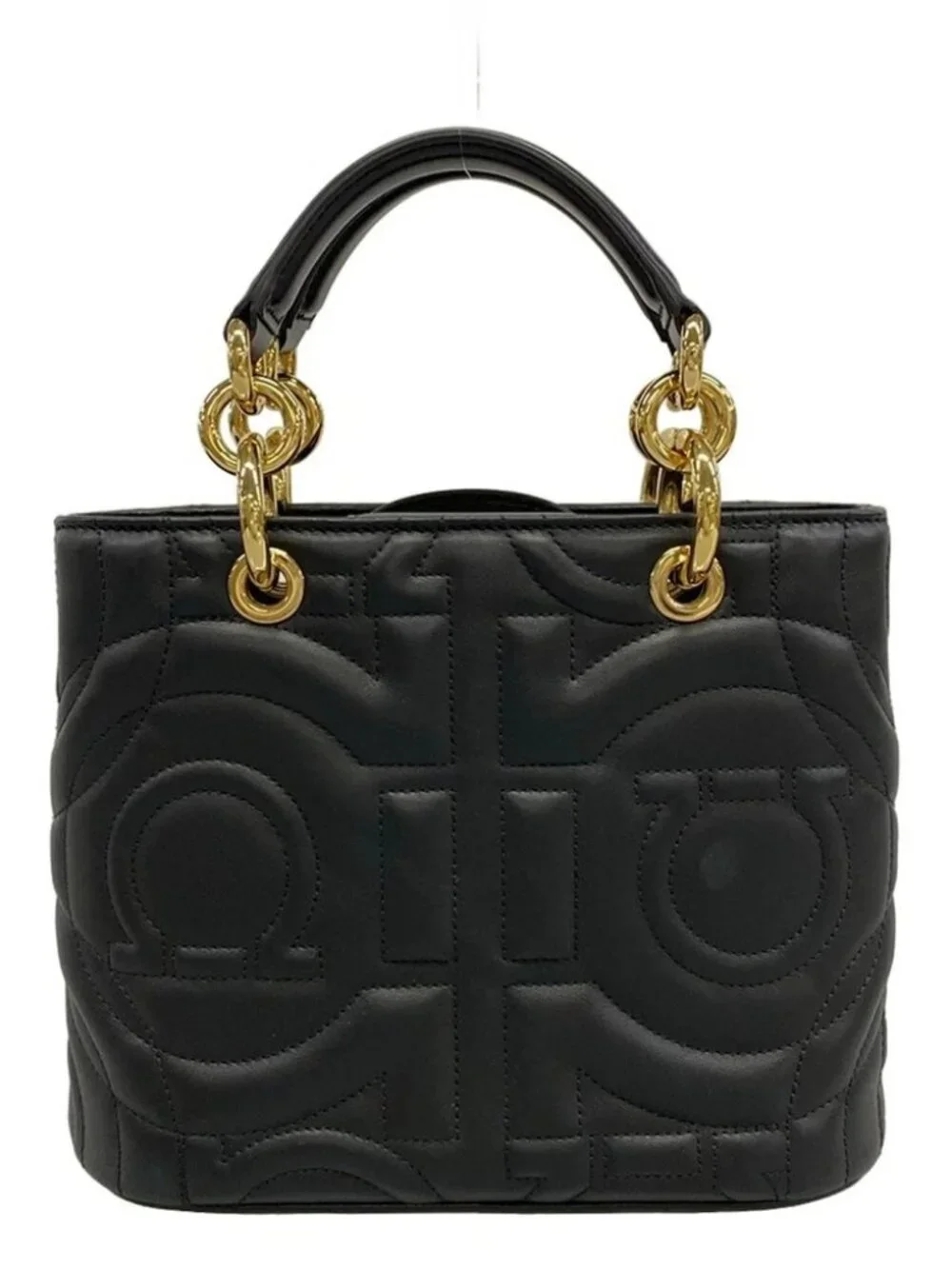 Salvatore Ferragamo Gancini Black Gold Leather Hardware Tote Bag